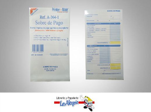 SOBRE PAGO 100 SOBRES C/COPIA A-364-1 MARCA PRINTER MATE   