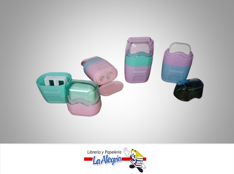 SACAPUNTA DOBLE CON DEPOSITO PLASTICO Y BORRADOR PASTEL MARCA PRIMAVERA