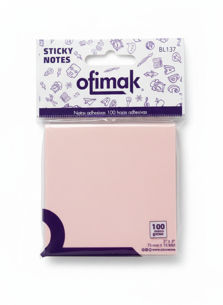 NOTAS AUTOADHESIVA BL137; 75X75 100H ROSA PASTEL MARCA OFIMAK