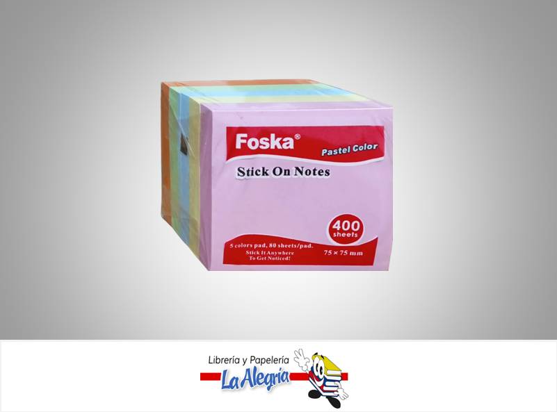 NOTAS ADHESIVAS PASTEL 75X75 400 HOJAS MARCA FOSKA   