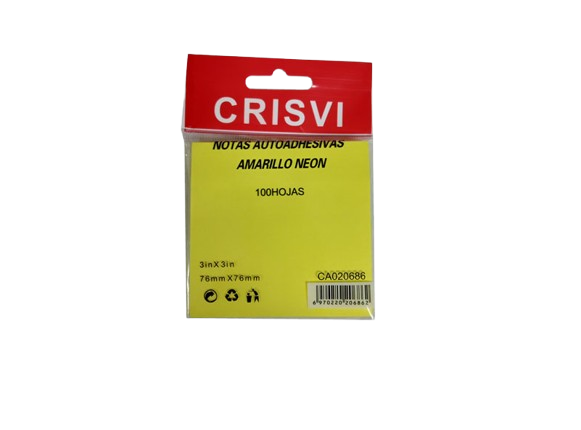 NOTA AUTOADHESIVA 76X76MM AMARILLO N 100 MARCA CRISVI   
