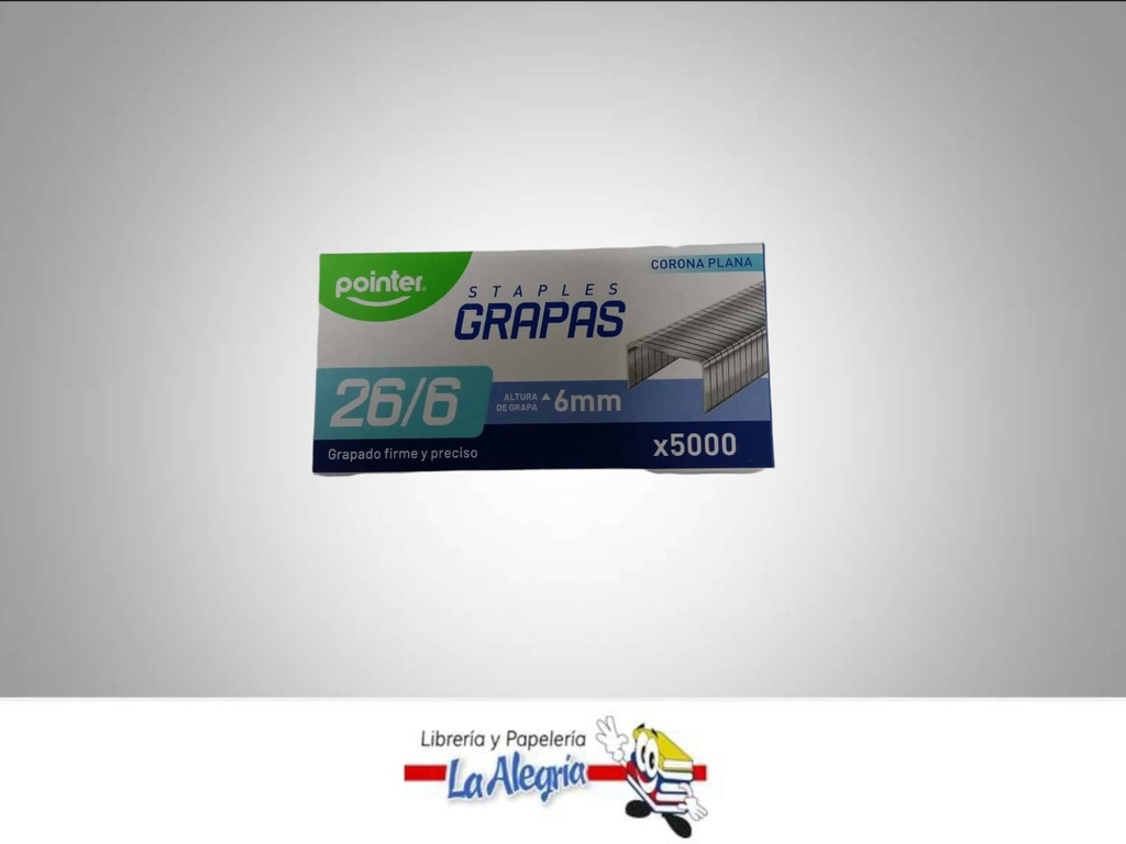 GRAPA LISA CORONA PLANA 26/6 6MM 25 HOJAS 5000 UND MARCA POINTER