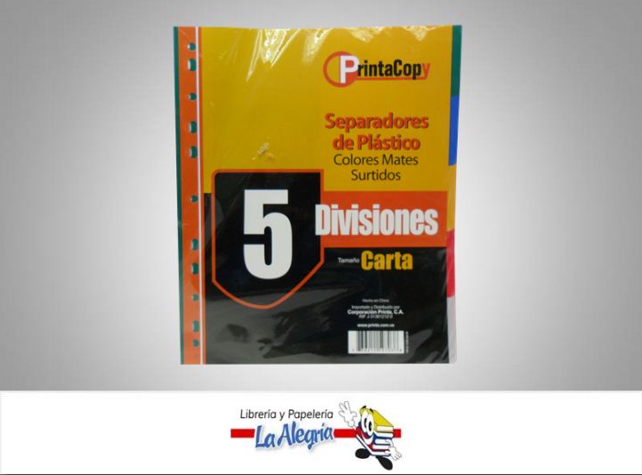 SEPARADOR PLAST CARTA 5DIV COLOR SURTIDO MARCA PRINTA   