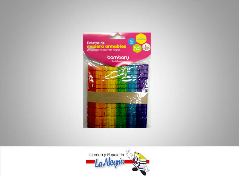 PALETA MADERA 114X10X2MM MULTICOLOR 50UN MARCA BAMBARY   