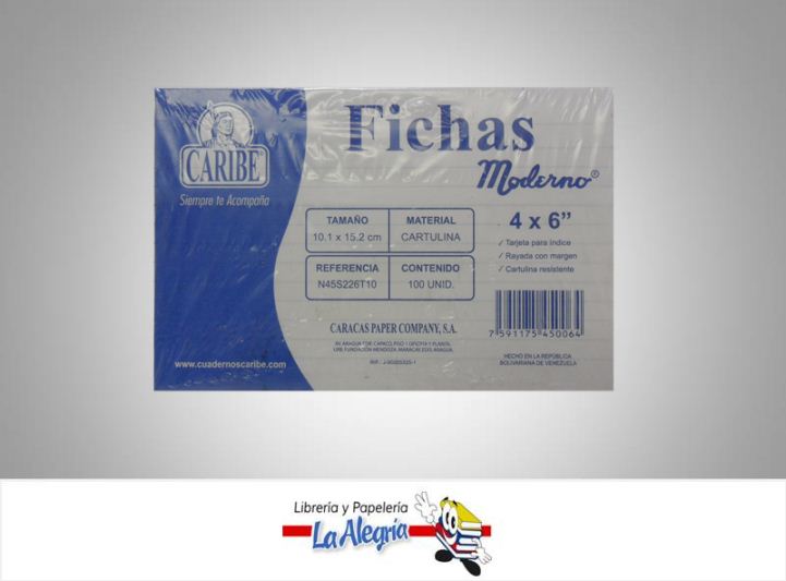FICHA MODERNO 15.2X11CM PAQUETE 100 UND MARCA CARIBE/DIOCA