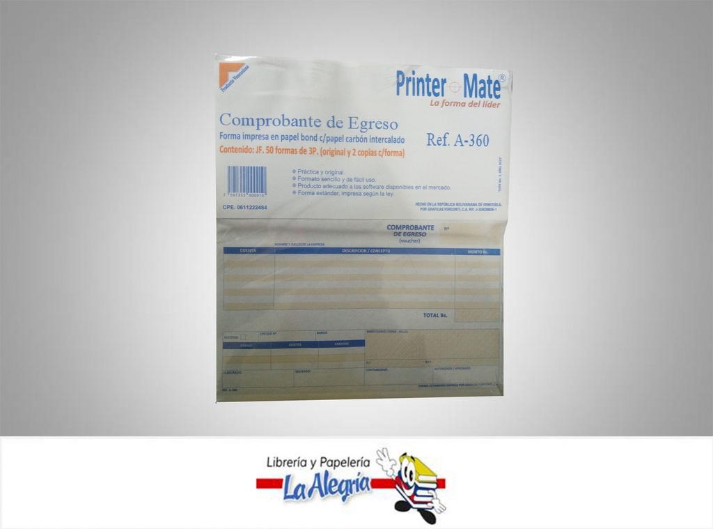 COMPROBANTE EGRESO C/C 50F/3P A-360 MARCA PRINTER MATE   