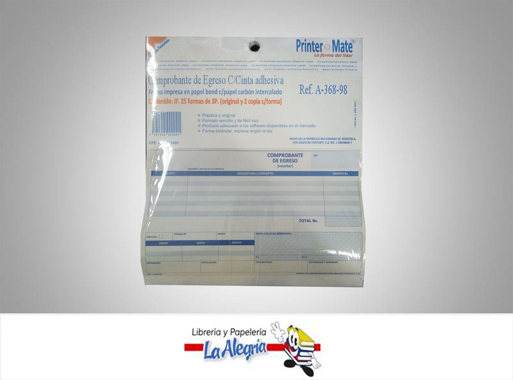 COMPROBANTE EGRESO C/C25F/3P A-368-98 MARCA PRINTER MATE   