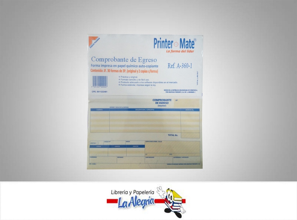 COMPROBANTE EGRESO C/C 30F/3P A-360-1 MARCA PRINTER MATE   