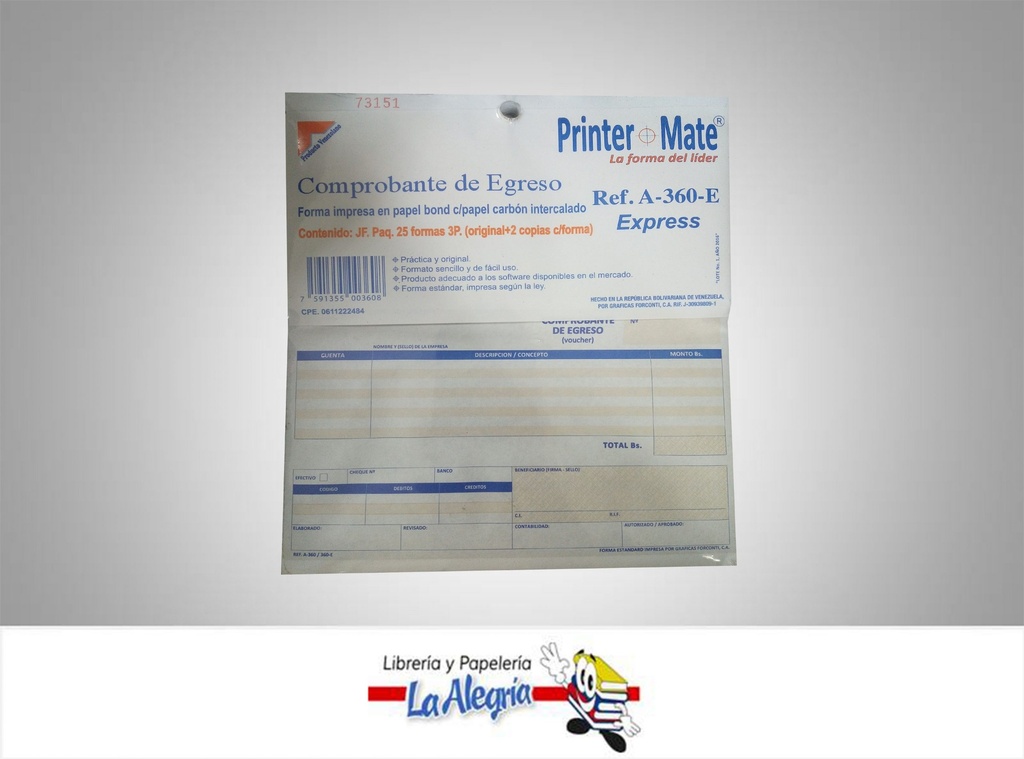 COMPROBANTE EGRESO C/C 25F/3P A-360-E MARCA PRINTER MATE   