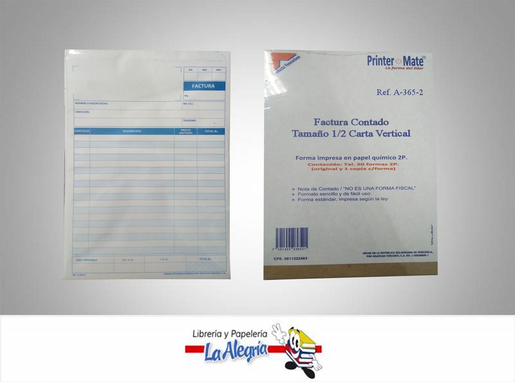 FACTURA CONTADO 1/2 CARTA 50F/2P A-365-2 MARCA PRINTER MATE   