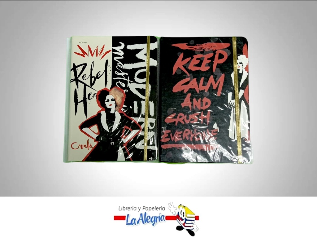 LIBRETA NOTA CON ELASTICA CRUELLA 17-10062; 80 HOJAS MARCA ROSY