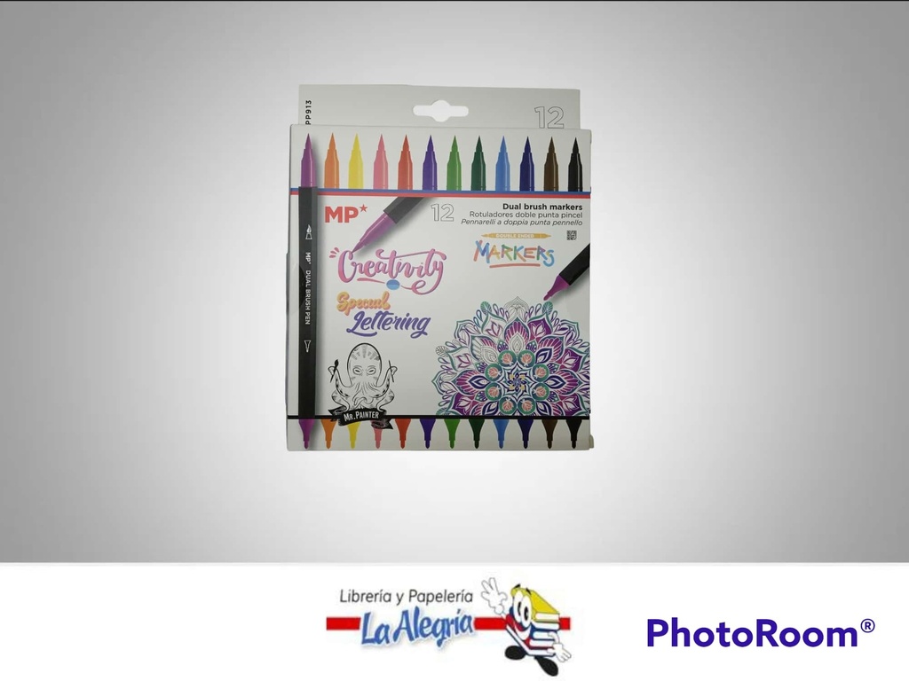 MARCADOR DOBLE PUNTA LETTERING PP913; 12 COLORES MARCA MP