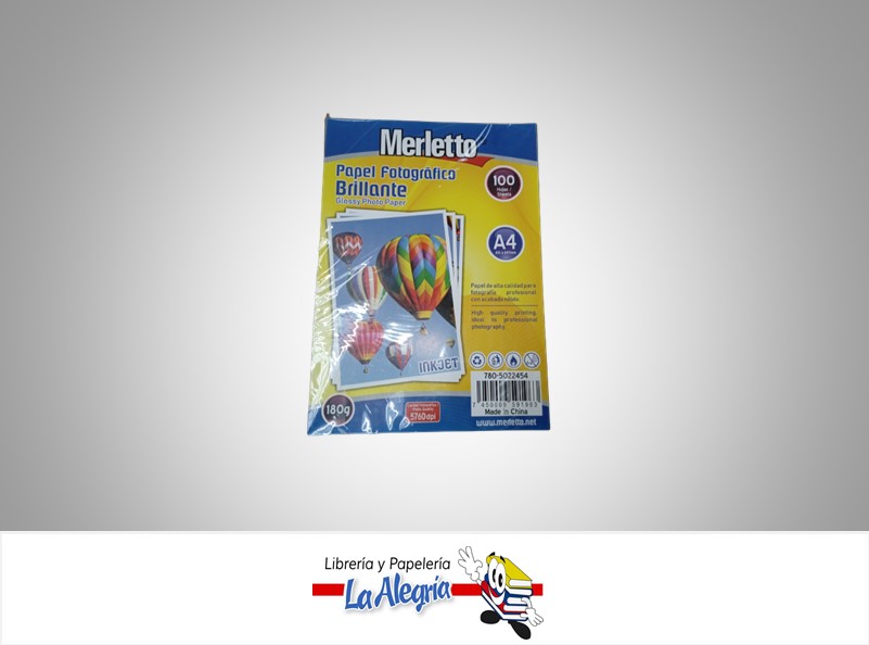 PAPEL FOTOGRAFICO 180G 21X29.7CM PAQUETE DE 100 HOJAS MARCA MERLETTO
