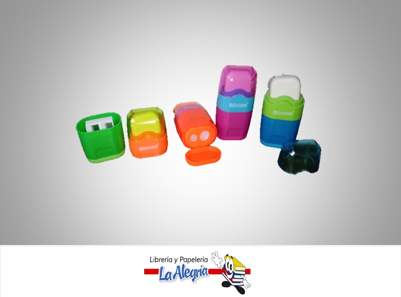 SACAPUNTA DOBLE CON DEPOSITO PLASTICO Y BORRADOR NEON MARCA PRIMAVERA