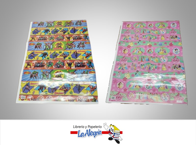 PAPEL CONTAC ESTAMPADO PRINCESAS DISNEY/AVENGERS POR PLIEGO MARCA S/M