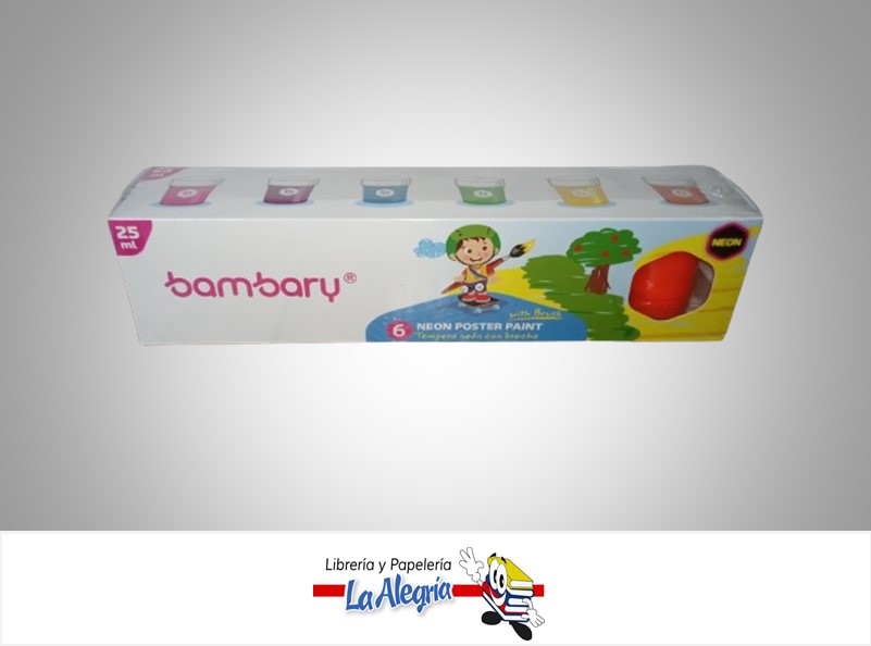 TEMPERA ESCOLAR NEON 210-1020/096 CON  PINCEL 25 ML PAQ 6 COLORES UND MARCA BAMBARY