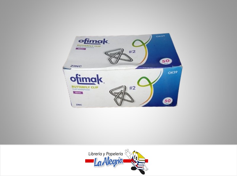 CLIP MARIPOSA N°2 OK39 PLATEADO 50 UND  MARCA OFIMAK