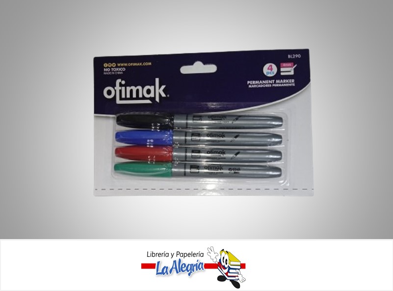 MARCADOR PERMANENTE PUNTA FINA BL290; 4MM PAQ 4 COLORES MARCA OFIMAK
