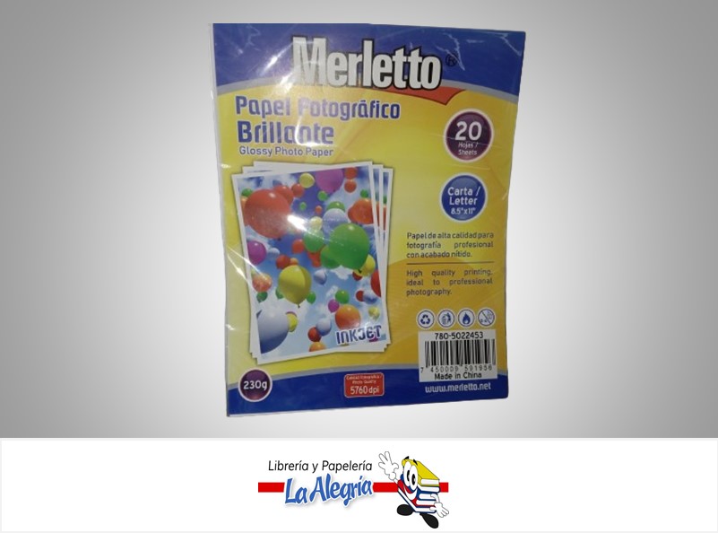 PAPEL FOTOGRAFICO 21.59X27.9CM PAQUETE DE 20 HOJAS 230G MARCA MERLETTO