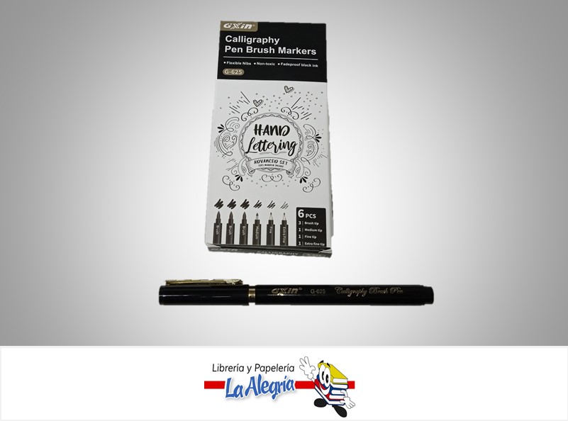 MARCADOR PARA LETTERING 6PZAS BRUSH-MEDIO-FINO-EXTRA FINO MARCA GXIN