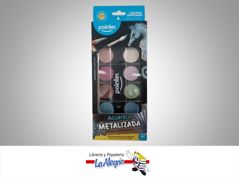 ACUARELA 12 COLORES METALIZADOS CON PINCEL MARCA POINTER