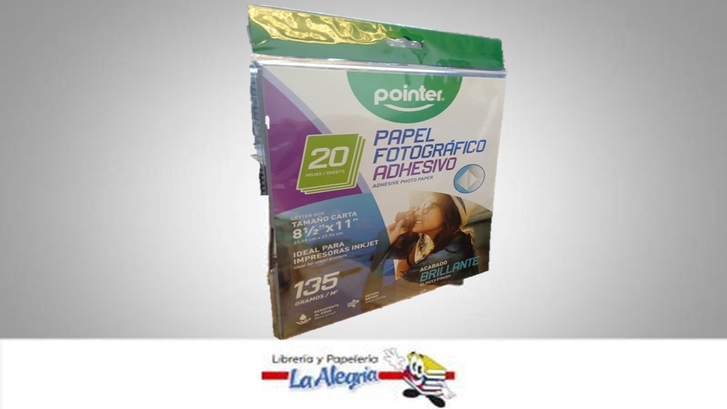 PAPEL FOTOGRAFICO ADHESIVO CARTA 21.59X27.94CM 135 GR PAQ. 20 HOJAS REF APP-1201-135 MARCA POINTER