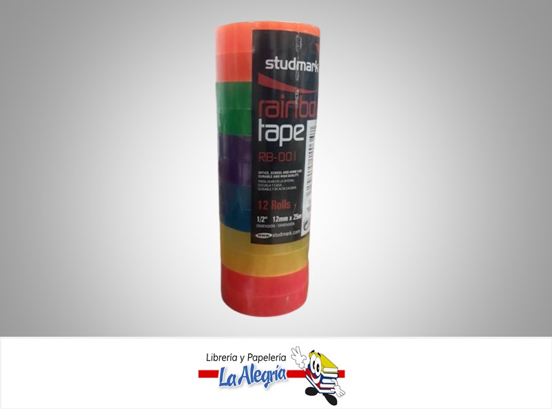 CINTA ADHESIVA DE COLORES 1/2" 12MMX25M 12 ROLLOS MARCA STUDMARK
