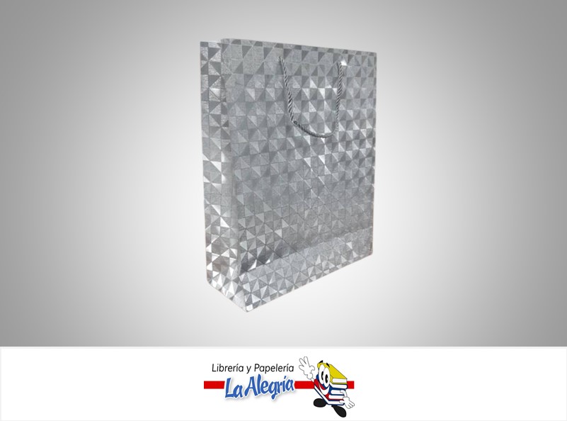 BOLSA DE REGALO ESCARCHADA TRIANGULOS PLATEADOS 32X26X10 CM  UND MARCA S/M