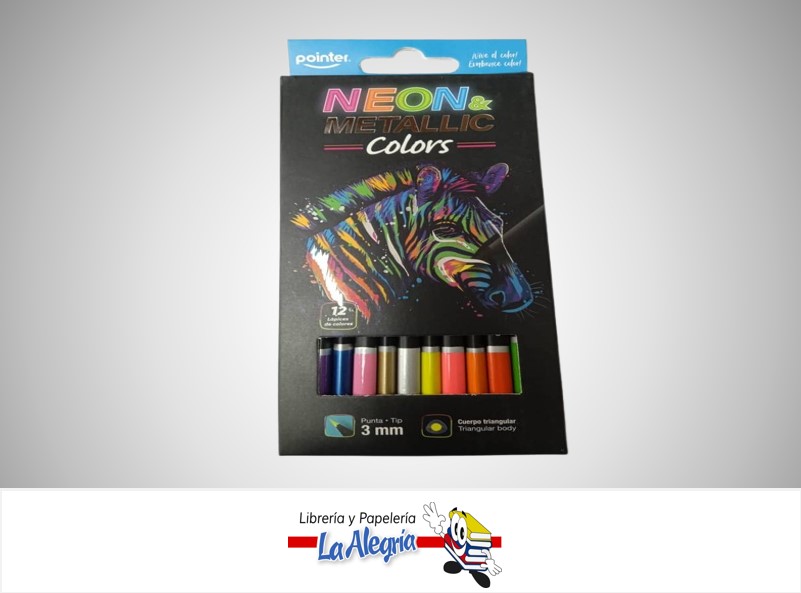 LAPICES DE COLORES TRIANGULARES 12 COLORES NEON METALICOS MARCA POINTER