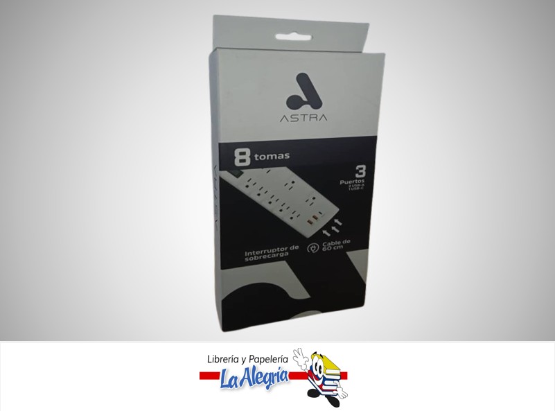 REGLETA 8 TOMAS 125 V-60 PD 20W 3 PUERTOS 2 USB-A 1 USB-C MARCA ASTRA