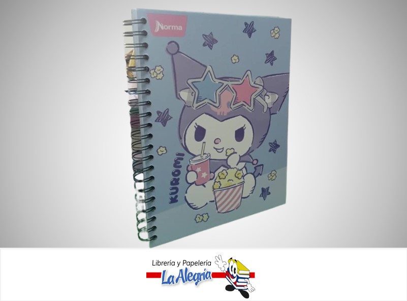 LIBRETA ESPIRAL KUROMI 6 MATERIAS 150 HOJAS 21X28CM CON STICKERS MARCA NORMA
