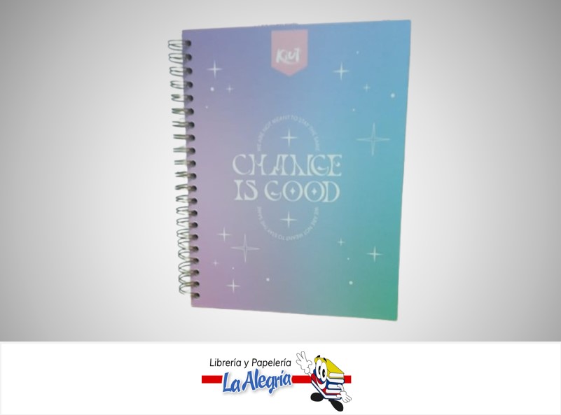 LIBRETA ESPIRAL CHANGE IS GOOD 6 MATERIAS 150 HOJAS 21X28CM CON STICKERS MARCA KIUT