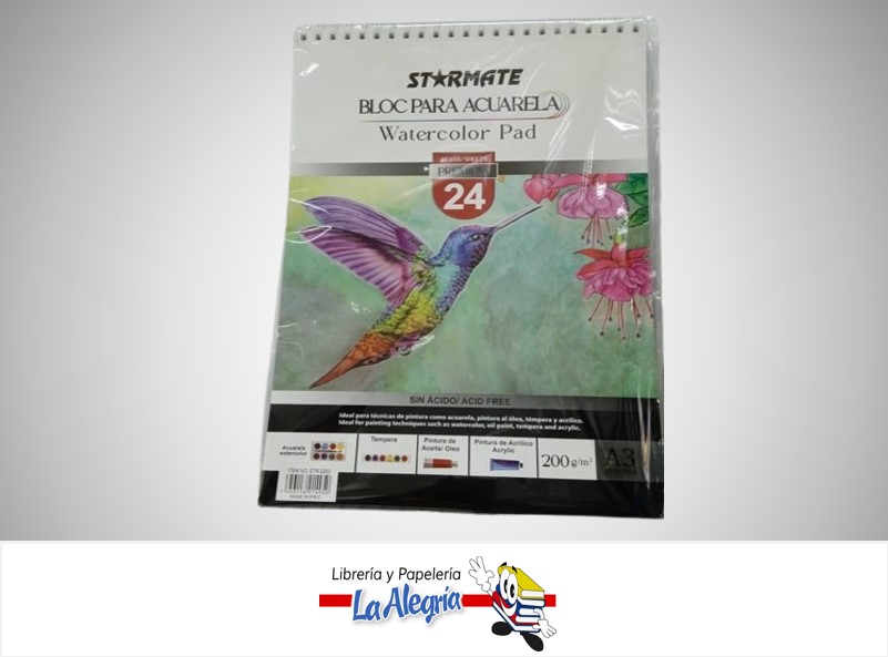 BLOCK PARA ACUARELA  A3 200G 24HOJAS MARCA STARMATE