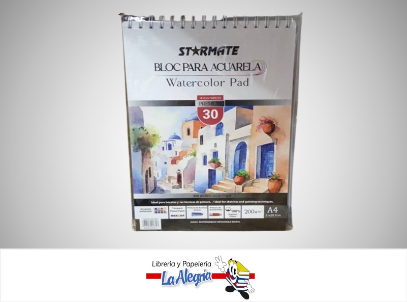 BLOCK PARA ACUARELA  A4  200G 30 HOJAS MARCA STARMATE