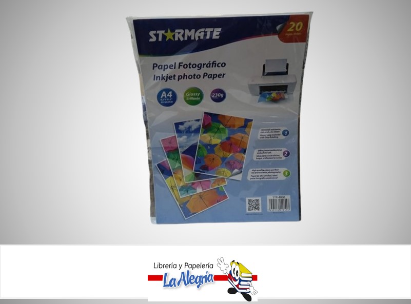 PAPEL FOTOGRAFICO BRILLANTE A4 230  GR 20H CARTA MARCA STARMATE