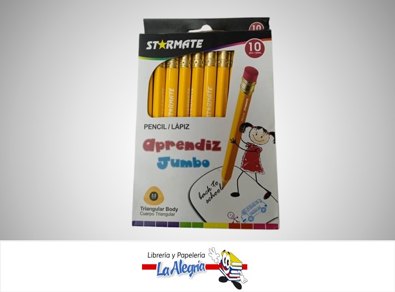 LAPIZ DE GRAFITO HB N°2 TRIANGULAR JUMBO 3.5MM APRENDIZ PAQ. 10 UND STR-2070 MARCA STARMATE