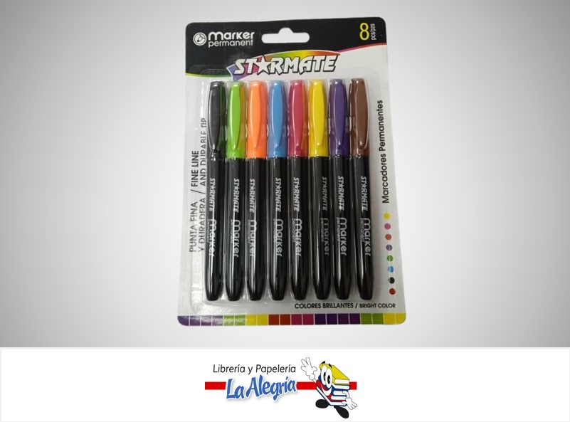 MARCADOR PUNTA FINA PERMANENTE PAQ. 8 COLORES STR-2103 MARCA STARMATE