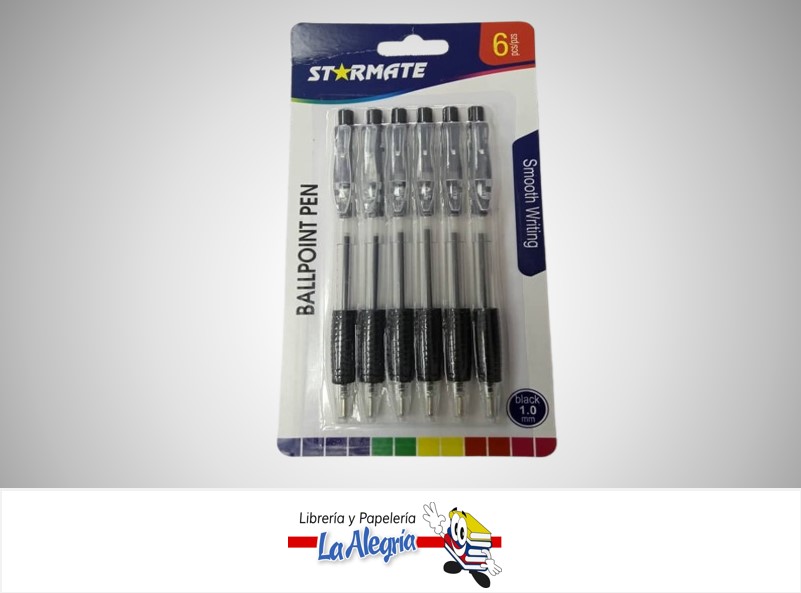 BOLIGRAFO RETRACTIL TRANSPARENTE 1.0 MM SOFTGRIP NEGRO PAQ. 6UND MARCA STARMATE