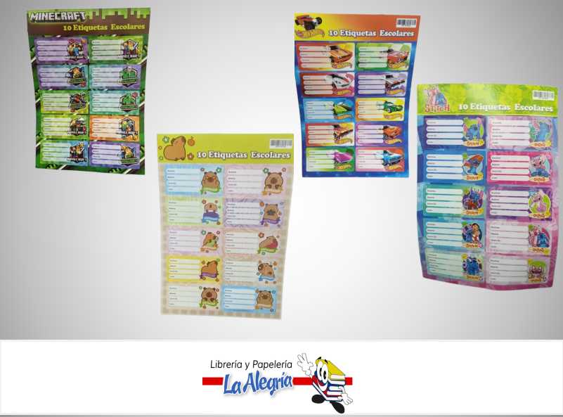 ETIQUETAS ESCOLARES SURTIDAS 4X7.5CM LAMINAS DE 10 UND S/M