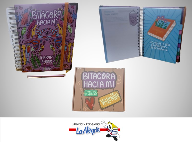 AGENDA BITACORA ORGANIZADORA THERAPY CON STICKERS Y BOLIGRAFO MORADA MARCA TRABAJANDO TU MENTE