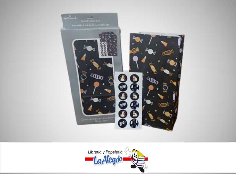 BOLSA DE REGALO COTILLON CARAMELOS HALLOWEEN 26.3X13.3X8.5 CM NEGRA CON ESTAMPADOS PAQ. 12 UND CON STICKERS MARCA HALLMARK
