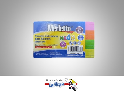 [7450009593387] FICHA RAYADA 3X5 NEON 4 COLORES PAQ 75 UND MARCA MERLETTO