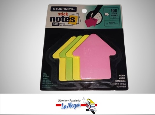 [7453015145137] NOTAS AUTOADHESIVA NEON FLECHA 100 HOJAS 4 COLORES MARCA STUDMARK
