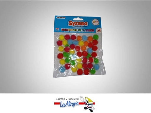 [7591213024974] POMPONES DE 15 MM COLORES VARIOS PAQ. 49 PZAS PM843 MARCA SYSABE