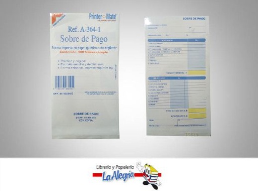 [7591355036415] SOBRE PAGO 100 SOBRES C/COPIA A-364-1 MARCA PRINTER MATE   