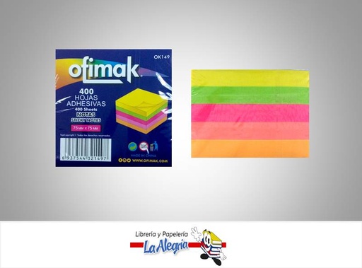 [6937544321497] NOTA AUTOAHESIVA 75X75MM COLOR 400H MARCA OFIMAK   