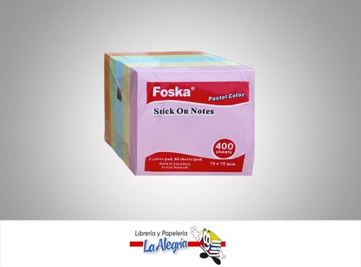 [6937544335982] NOTAS ADHESIVAS PASTEL 75X75 400 HOJAS MARCA FOSKA   