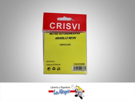 [7598874020789] NOTA AUTOADHESIVA 76X76MM AMARILLO N 100 MARCA CRISVI   