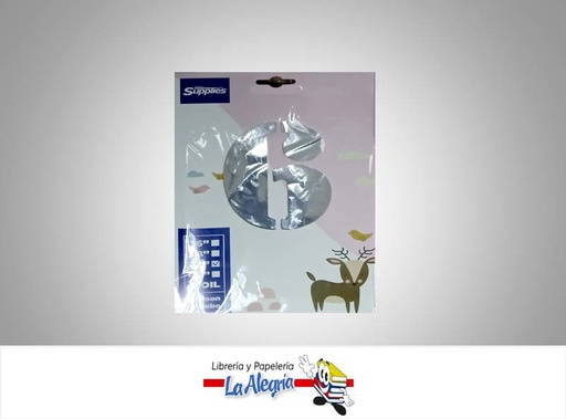 [721456868210] GLOBO FOIL 16'' NUMERO 6 PLATEADO UND MARCA SUPPLIES   