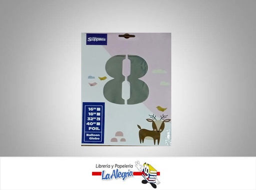 [721456868234] GLOBO FOIL 16'' NUMERO 8 PLATEADO UND MARCA SUPPLIES   